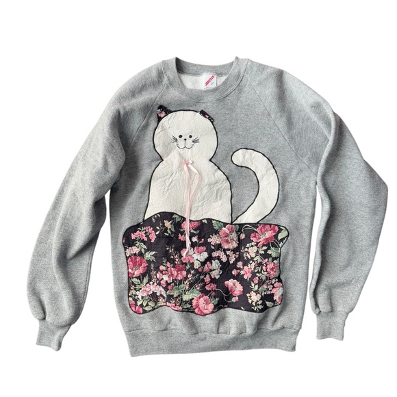 Vintage Jerzees Gray Cat Crewneck Sweater Size L - Picture 5 of 11
